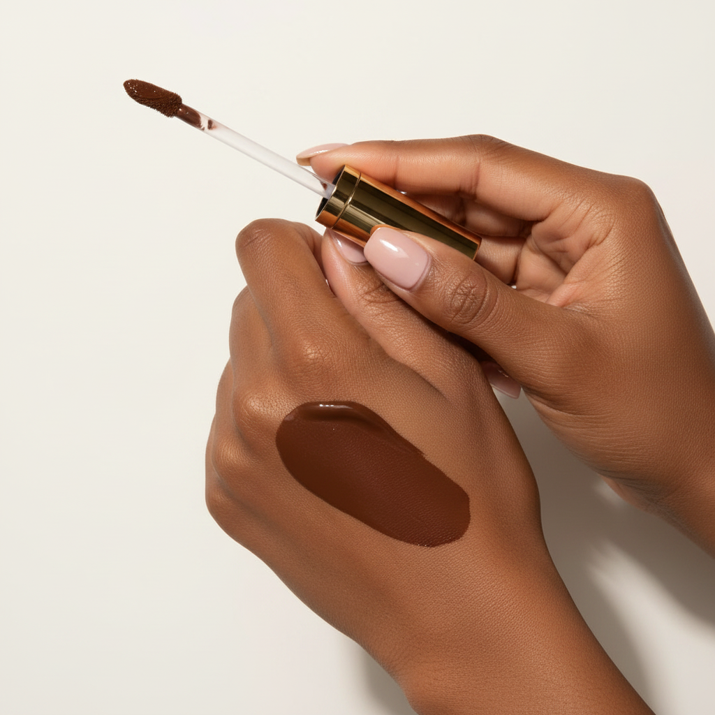 Cocoa Desire Lip Gloss hand swatch on brown skin