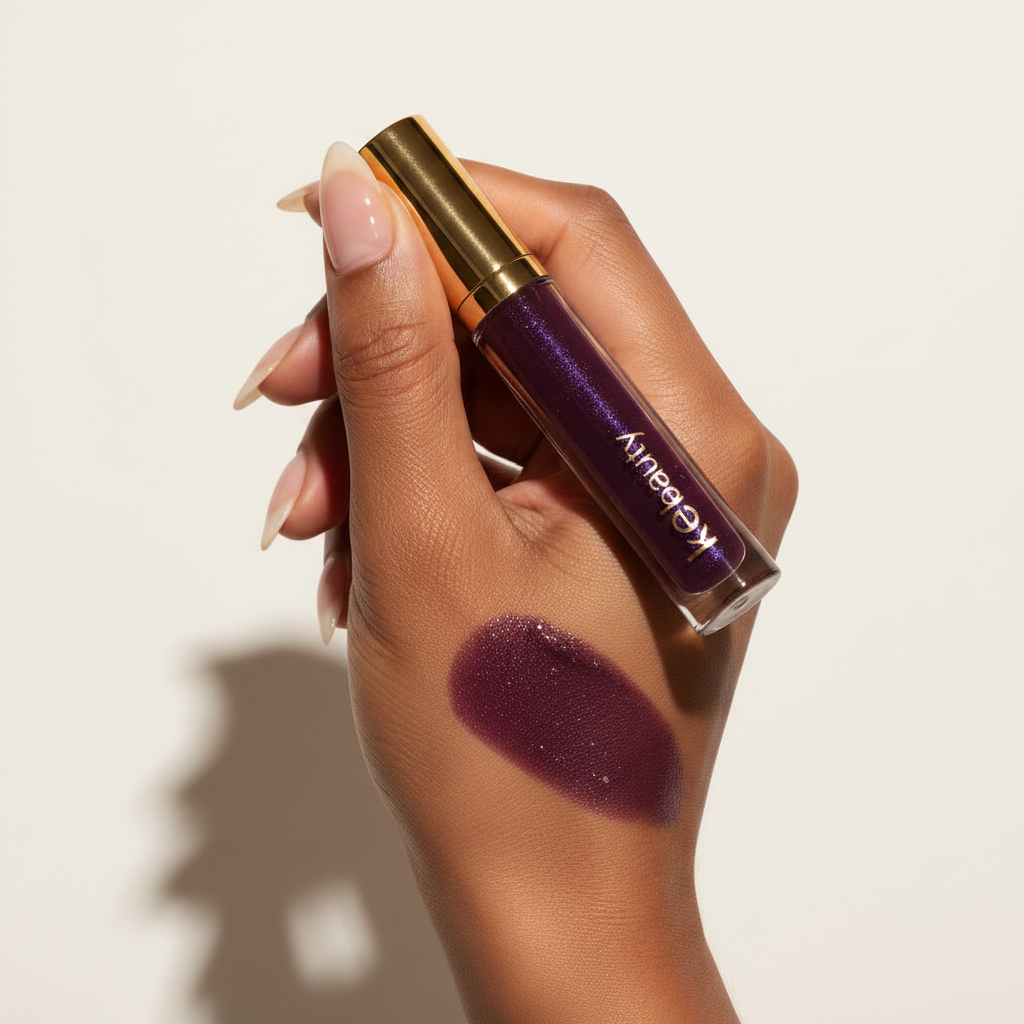 Velvet Noir Lip Gloss hand swatch on brown skin