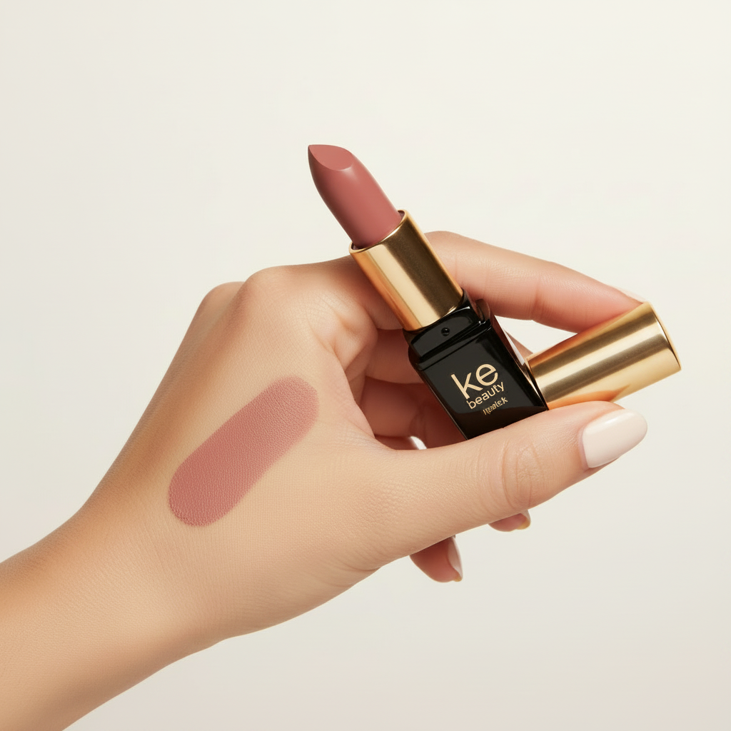 Nude Luxe Lipstick hand swatch on brown skin