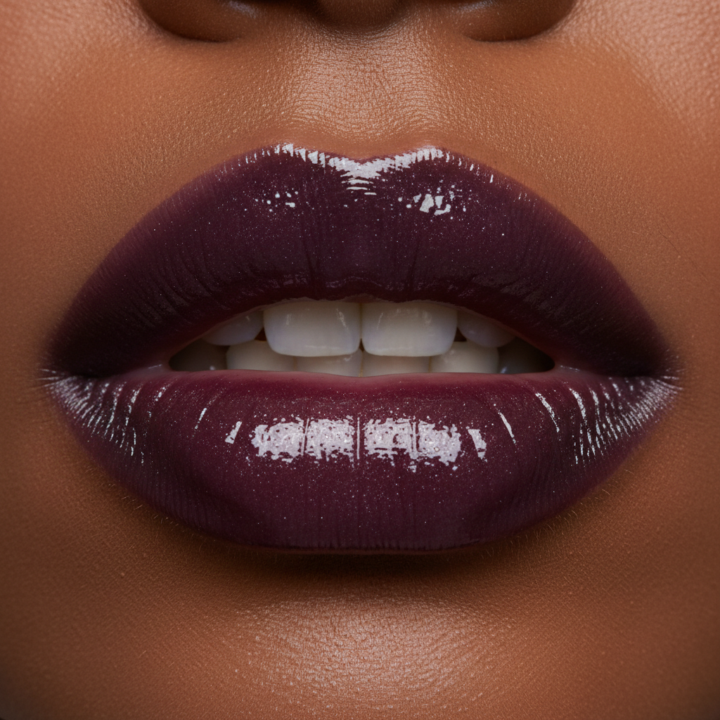 Velvet Noir Lip Gloss close up lips by ke beauty