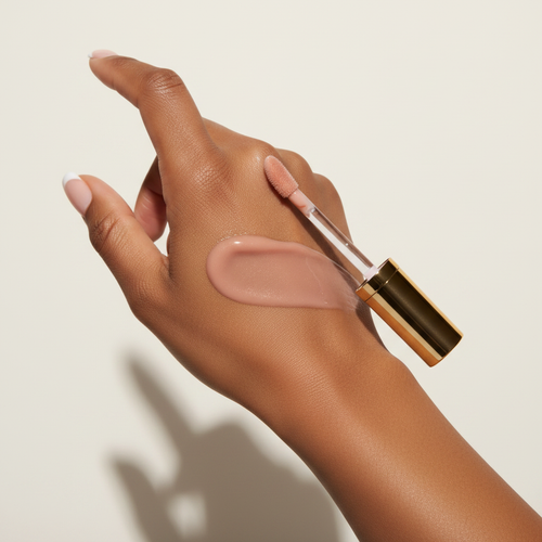 Bare Blush Lip Gloss hand swatch on brown skin