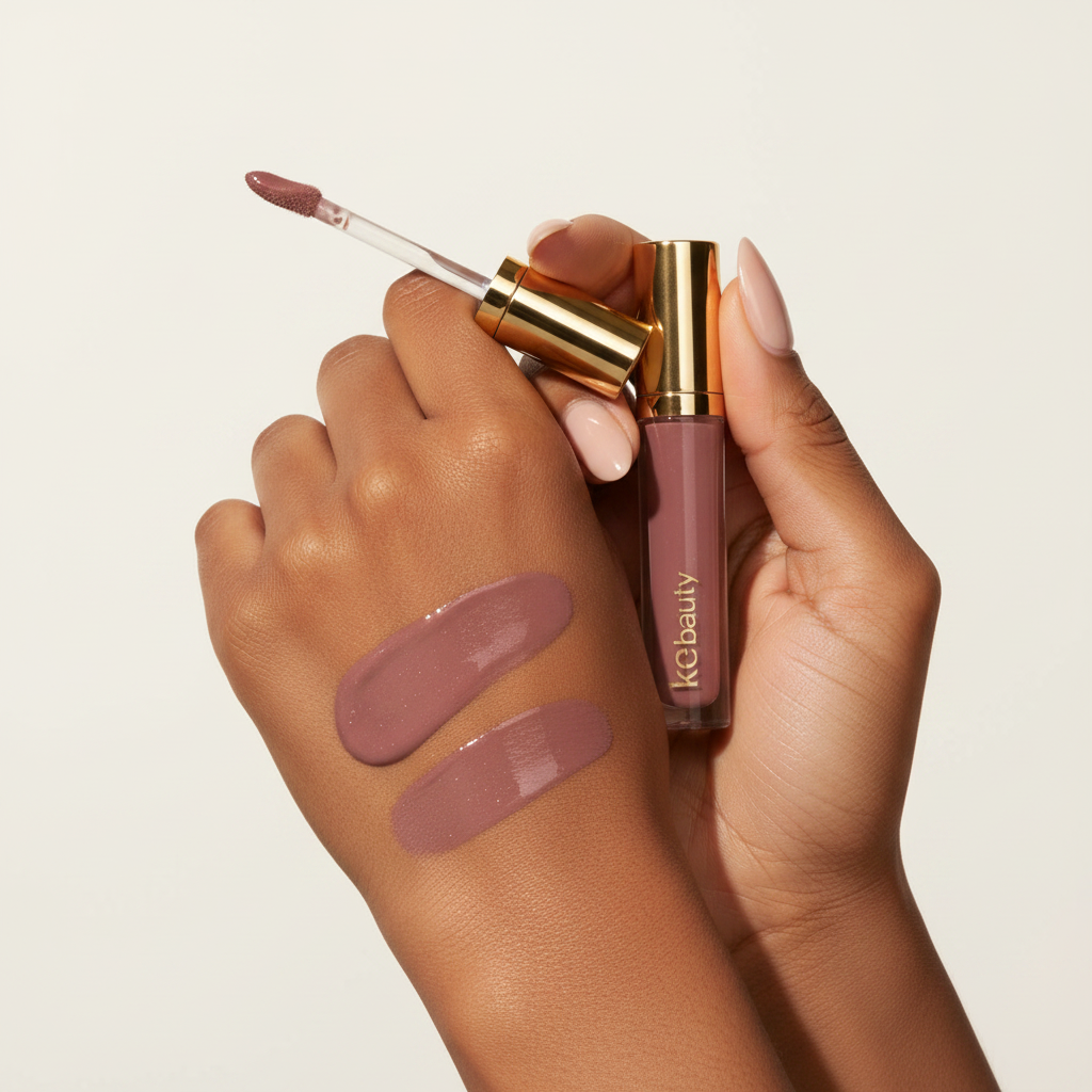 Dusty Petal Lip Gloss hand swatch on brown skin