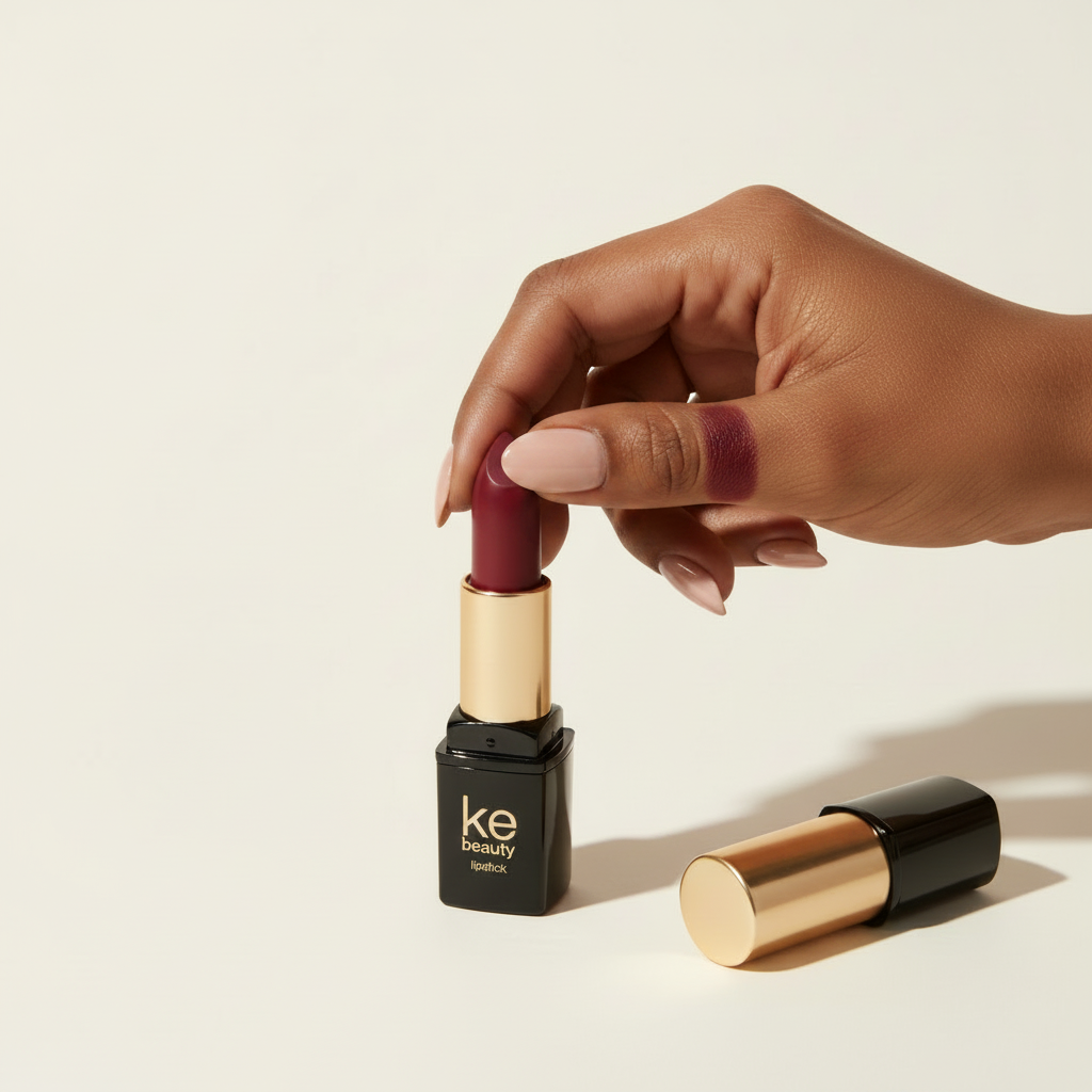 Rouge Red Lipstick hand swatch on brown skin