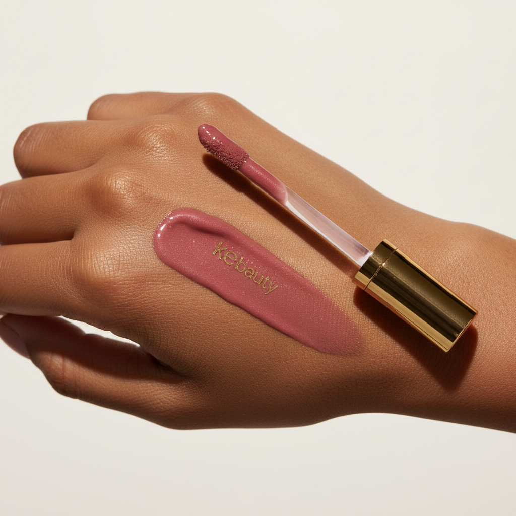 Rose Elite Lip Gloss hand swatch on brown skin